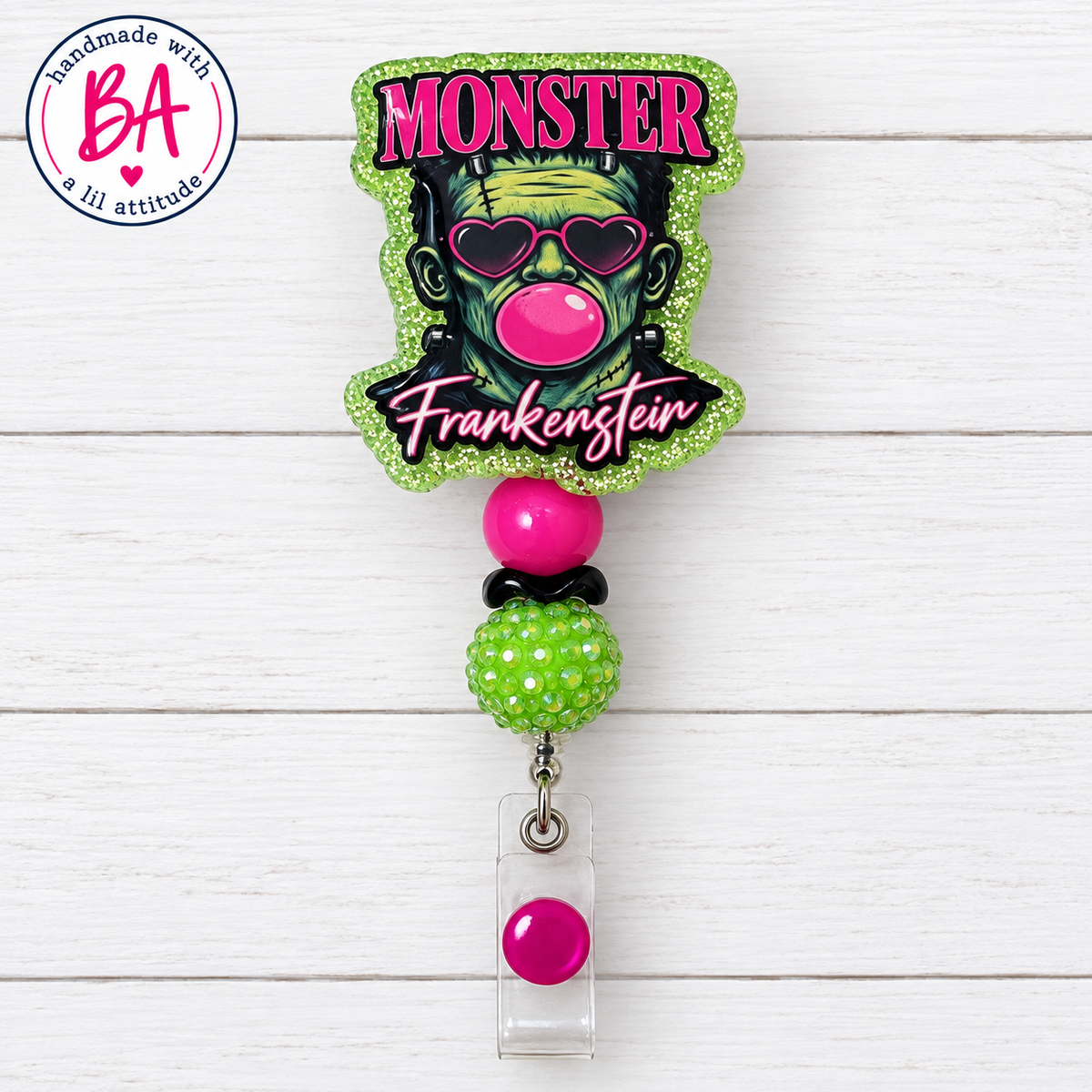 Frankenstein- Halloween Handmade Acrylic Badge Reel, Retractable ID Holder