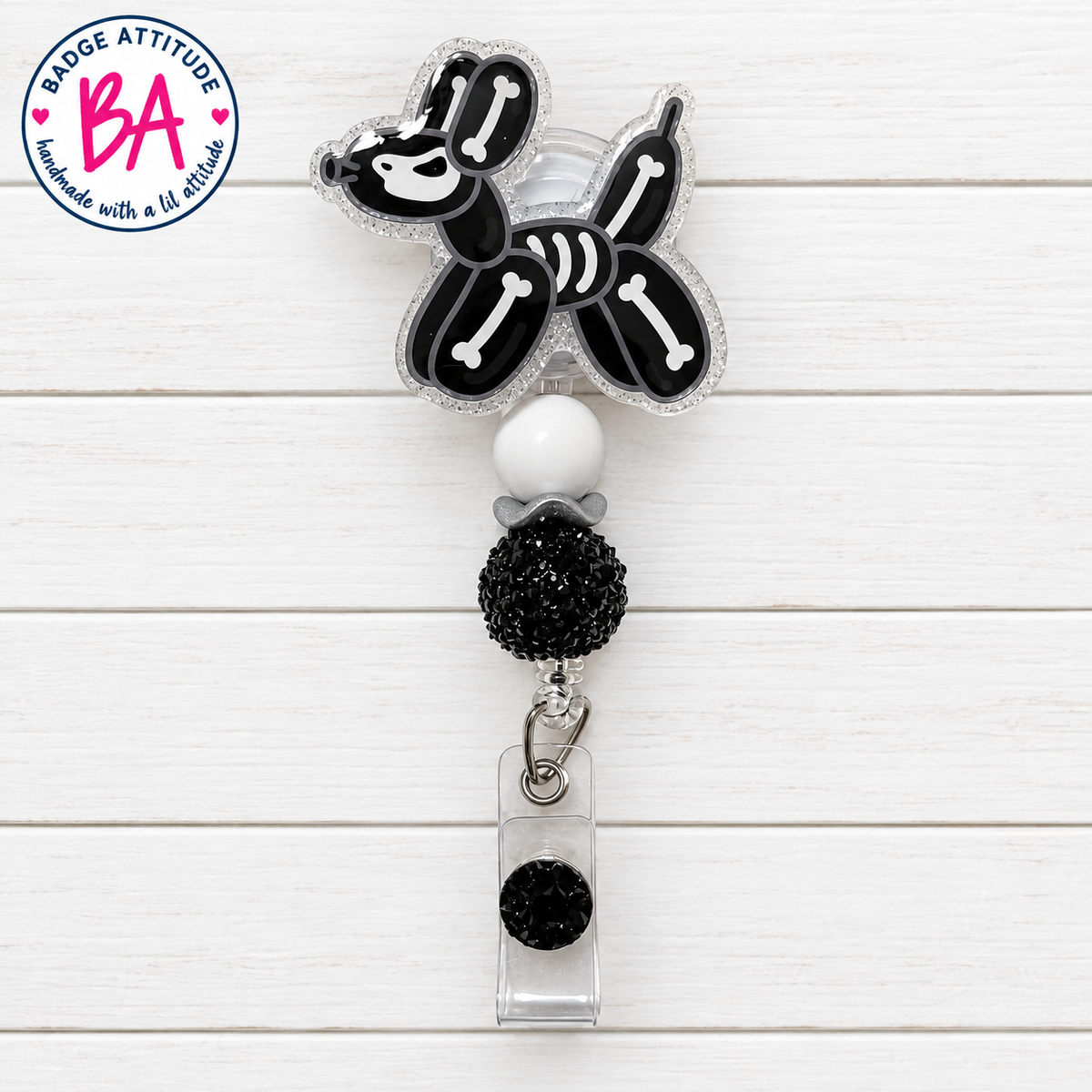 Balloon Dog Skeleton-Halloween Handmade Acrylic Badge Reel, Retractable ID Holder