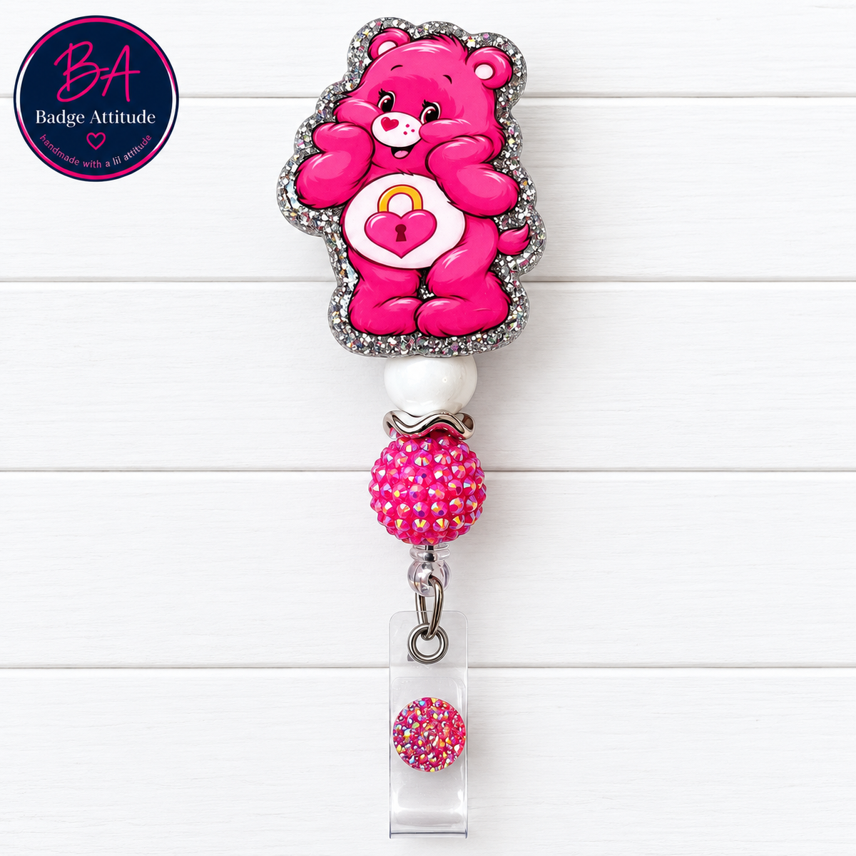 Care Bear-Pink. ID Holder Retractable Badge Reel Cute Handmade