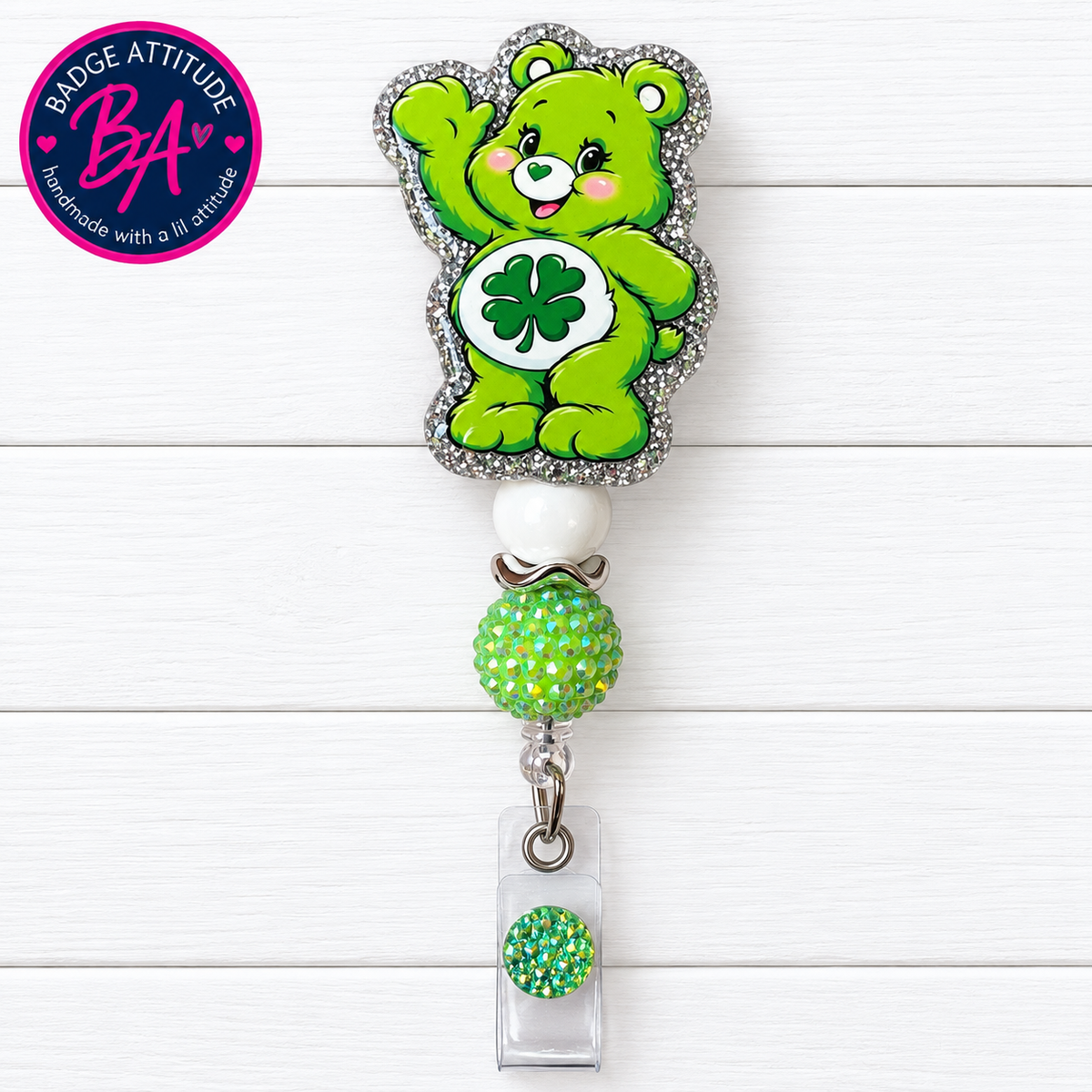 Care Bear-Green. ID Holder Retractable Badge Reel Cute Handmade