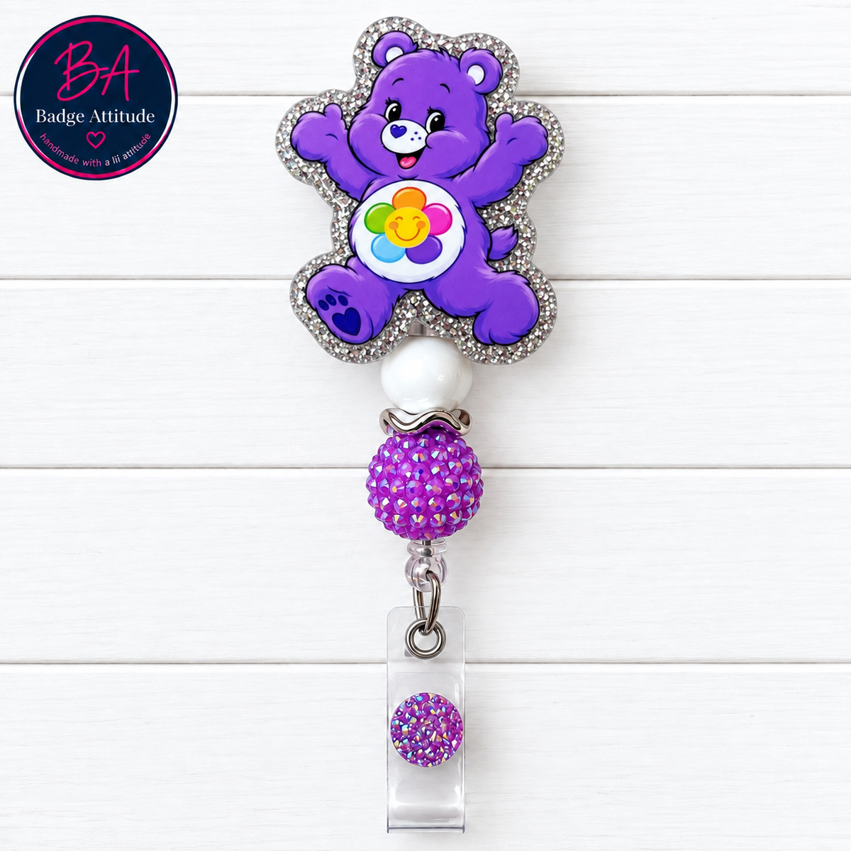 Care Bear-Purple. ID Holder Retractable Badge Reel Cute Handmade