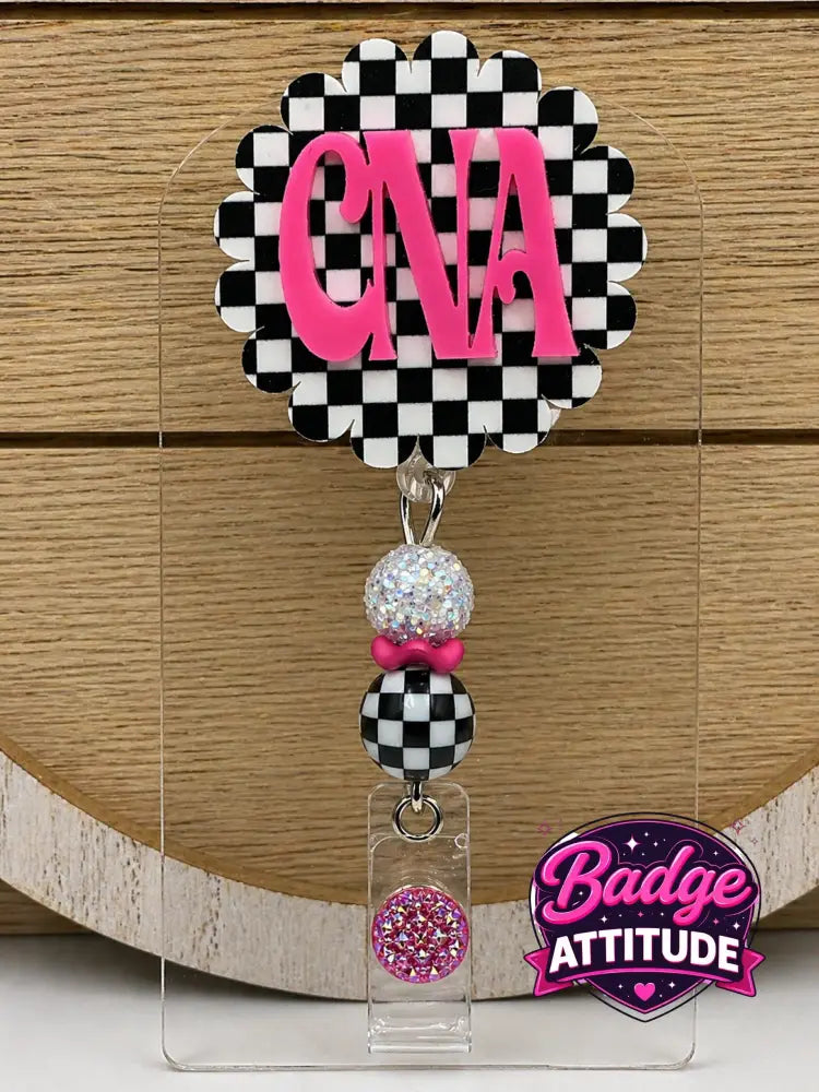 (2D) CNA- Pink With Black and White Checkered - With Beads