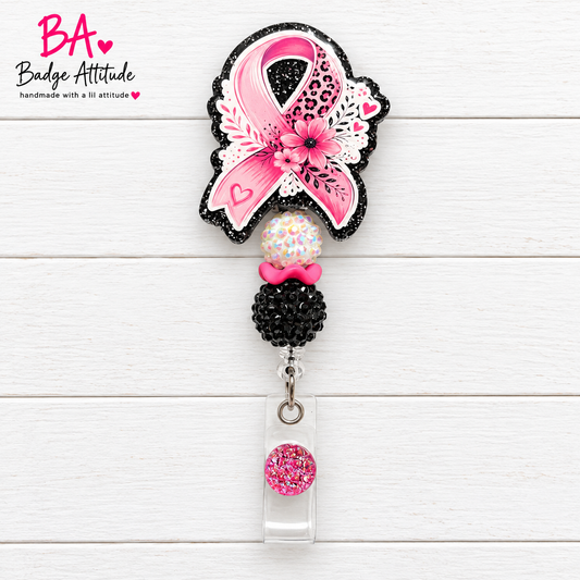 Breast Cancer-Pink Leopard-Handmade Acrylic Badge Reel, Retractable ID Holder