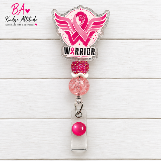 Breast Cancer-Warrior-Handmade Acrylic Badge Reel, Retractable ID Holder