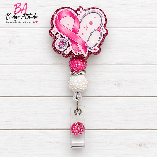 Breast Cancer- Heart with Stethoscope-Handmade Acrylic Badge Reel, Retractable ID Holder