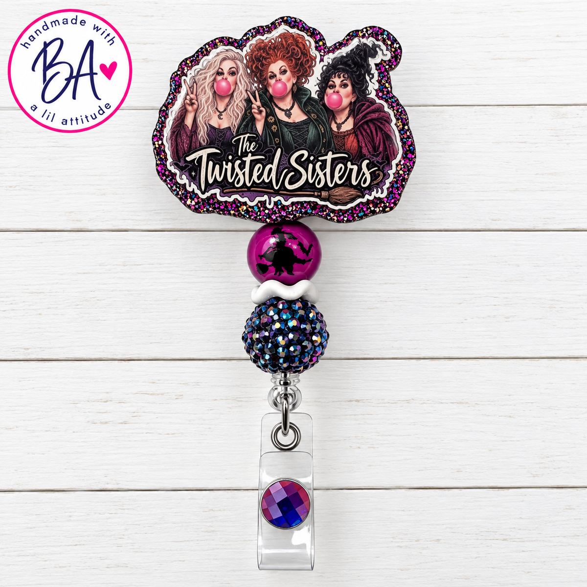 Twisted Sisters-Halloween Handmade Acrylic Badge Reel, Retractable ID Holder