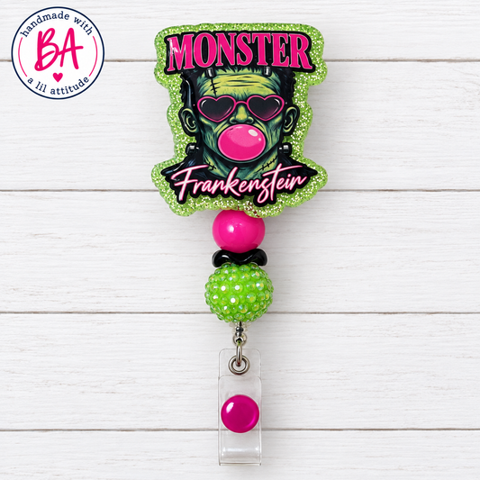 Frankenstein- Halloween Handmade Acrylic Badge Reel, Retractable ID Holder