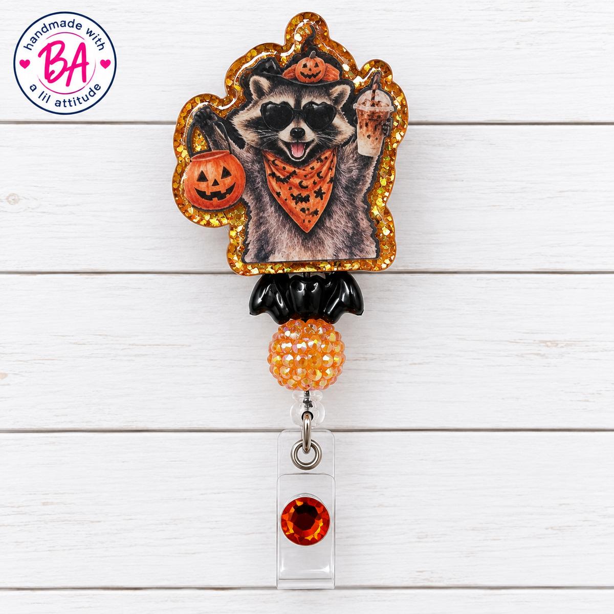 Halloween Raccoon-Feral Or Treat-Handmade Acrylic Badge Reel, Retractable ID Holder