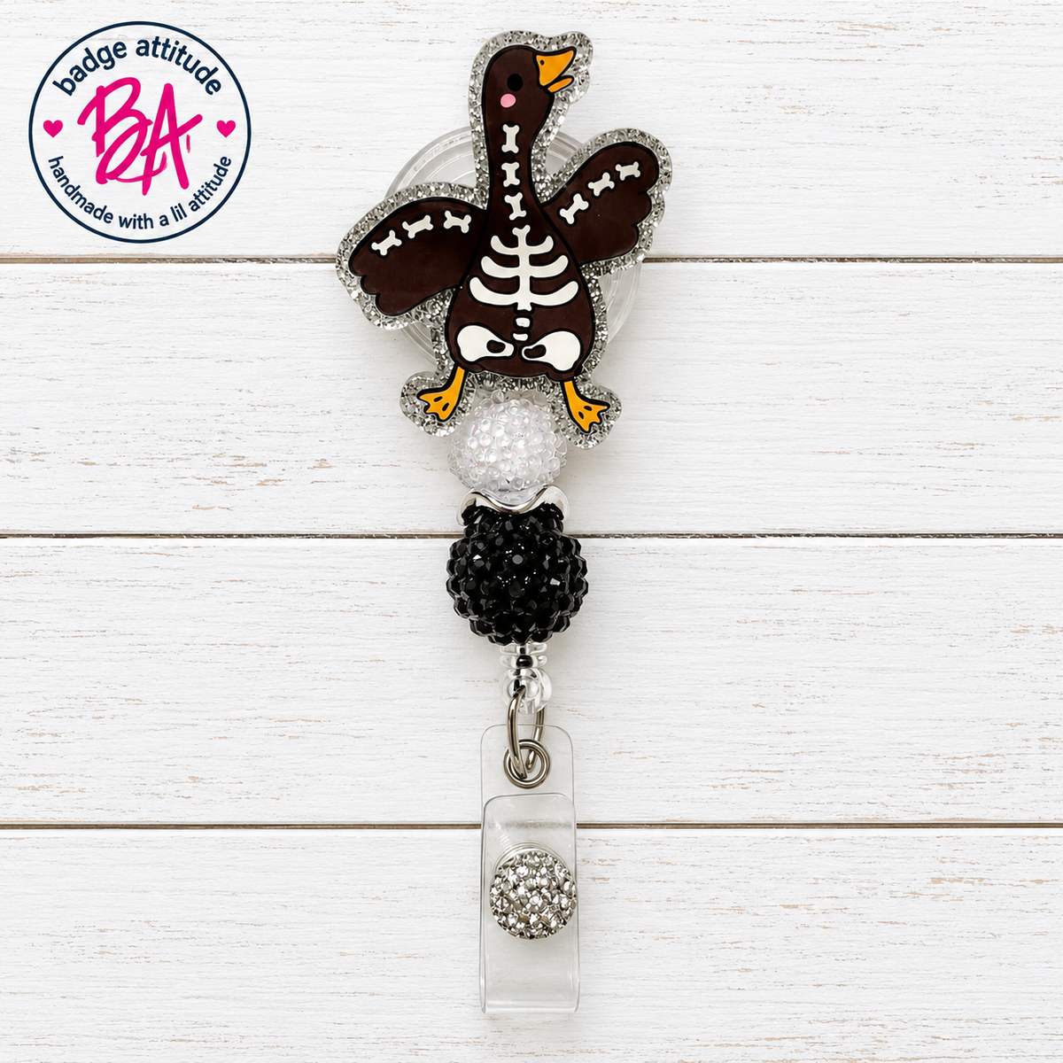 Goose Skeleton- Halloween Handmade Acrylic Badge Reel, Retractable ID Holder