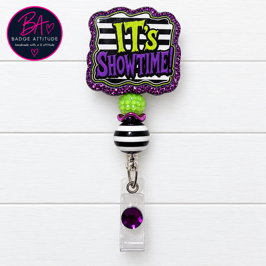 It’s Showtime! Beetlejuice Halloween Handmade Acrylic Badge Reel ID Holder.