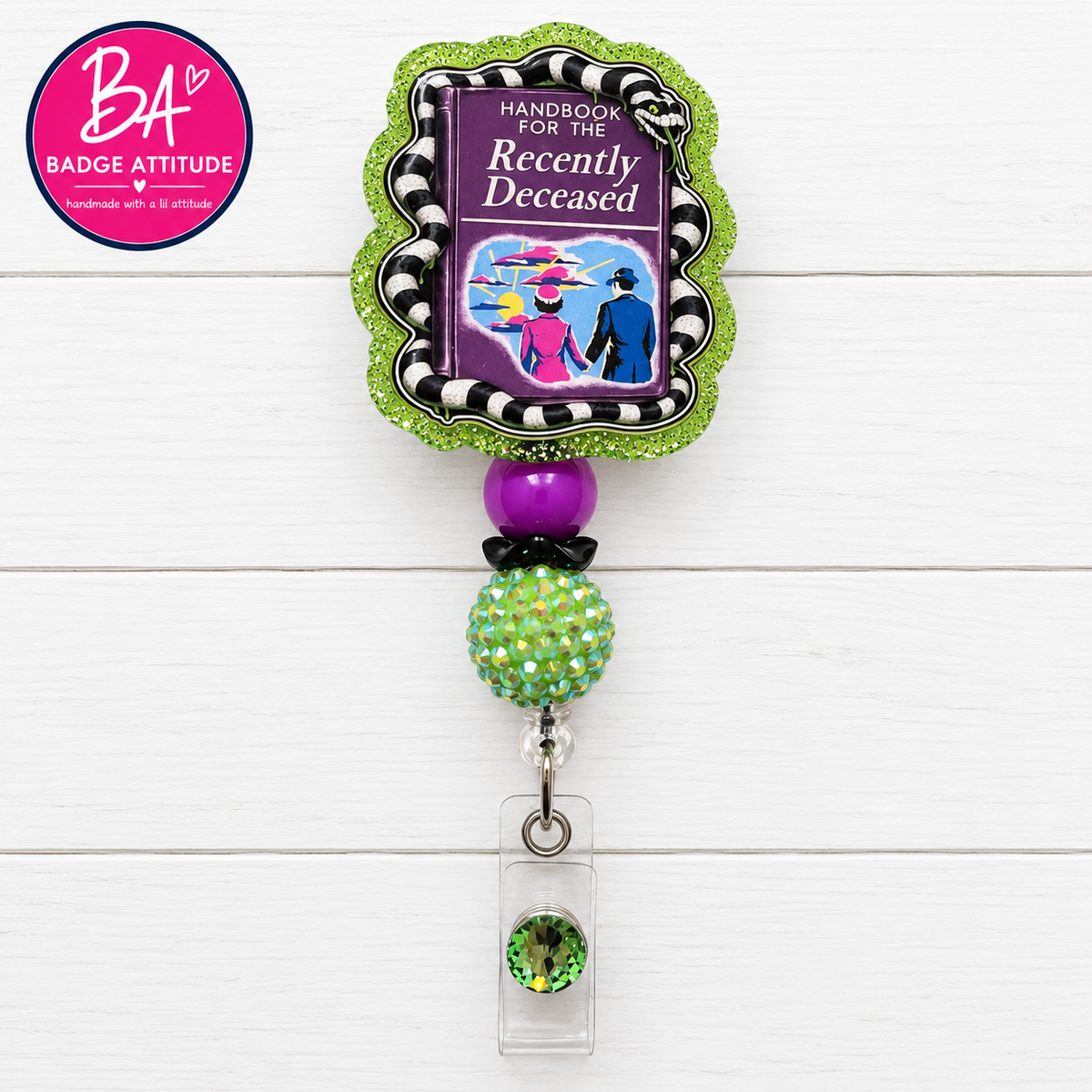 Recently Deceased- Halloween Beetlejuice Handmade Acrylic Retractable Badge Reel ID Holder