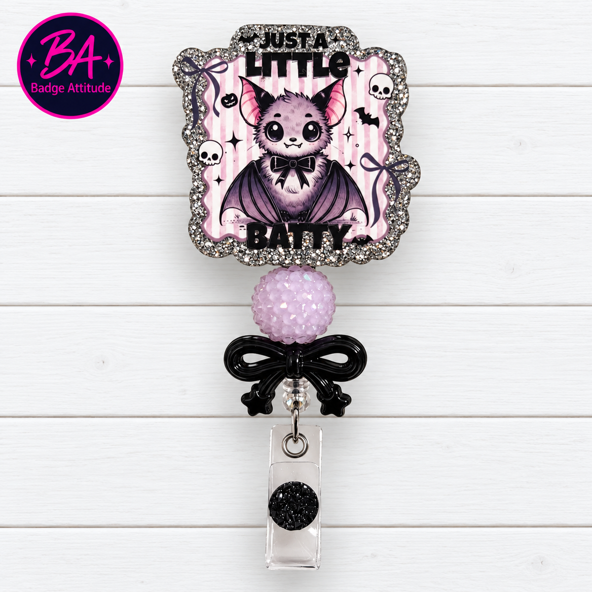 Just a little batty Halloween Handmade Acrylic Badge Reel ID Holder.