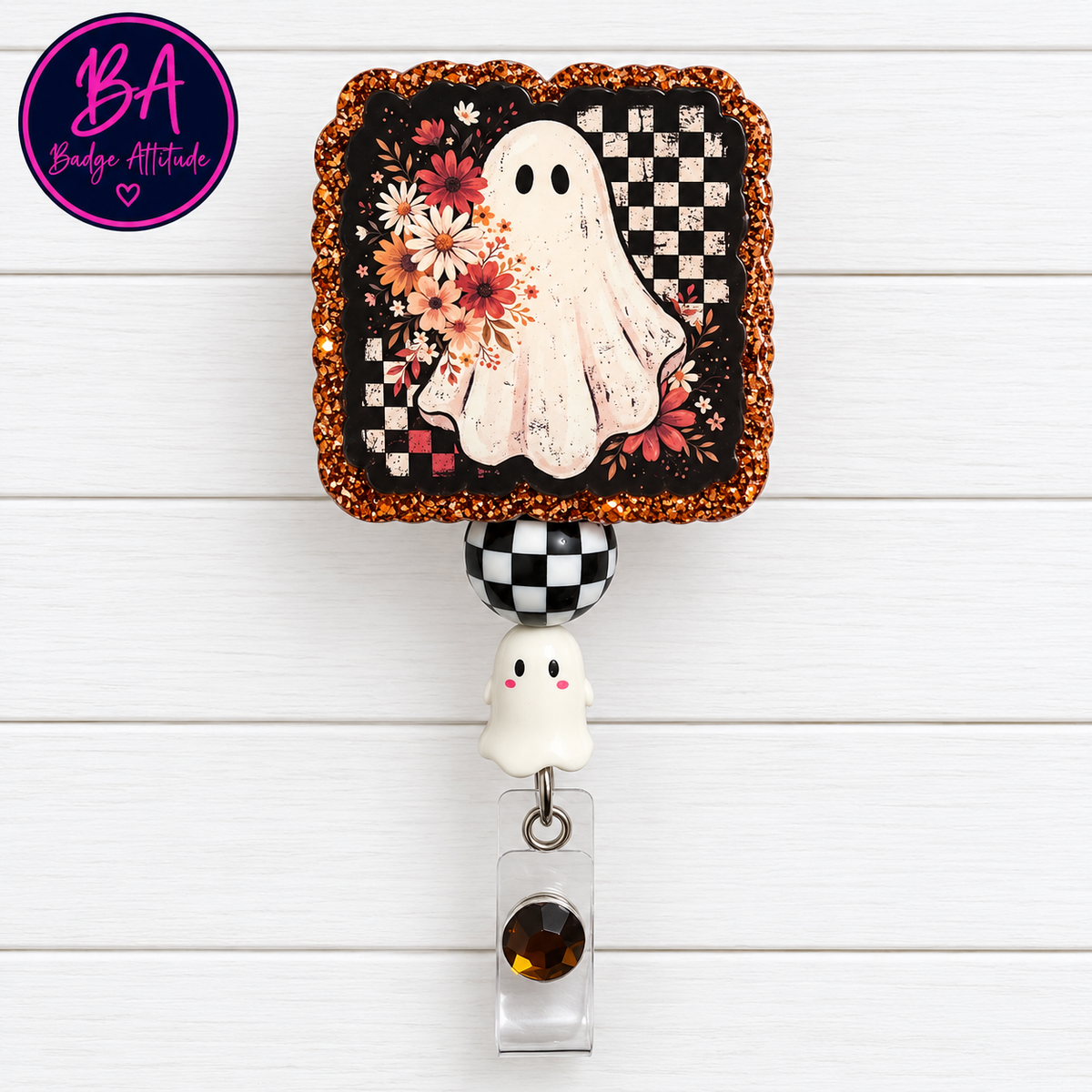 Ghost checkered Halloween Handmade Acrylic Badge Reel ID Holder.