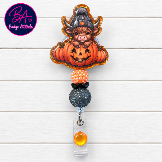 Highland cow pumpkin Halloween Handmade Acrylic Badge Reel ID Holder.