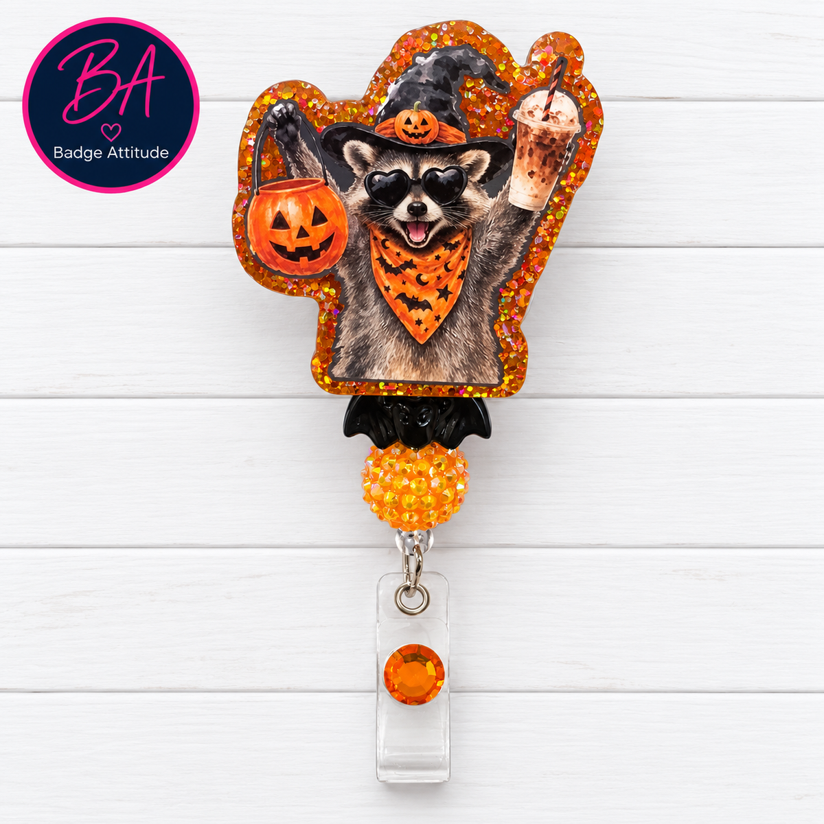 Trick or Treating Raccoon Halloween Handmade Acrylic Badge Reel ID Holder.