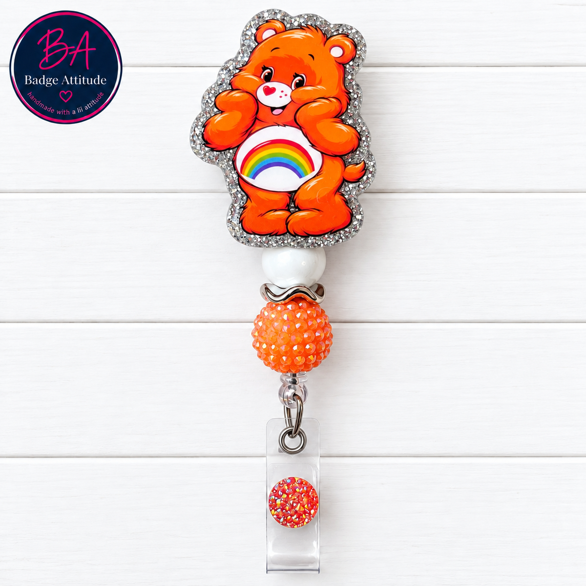 Care Bear-Orange.   ID Holder Retractable Badge Reel Cute Handmade