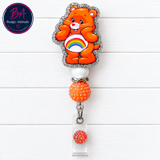 Care Bear-Orange.   ID Holder Retractable Badge Reel Cute Handmade